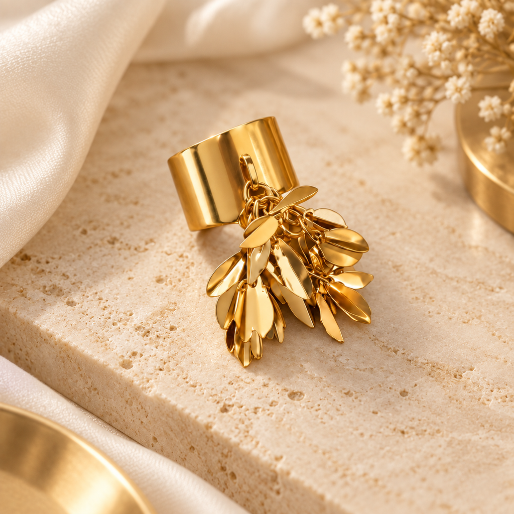 Golden Cuff Ring with Leaf Charms