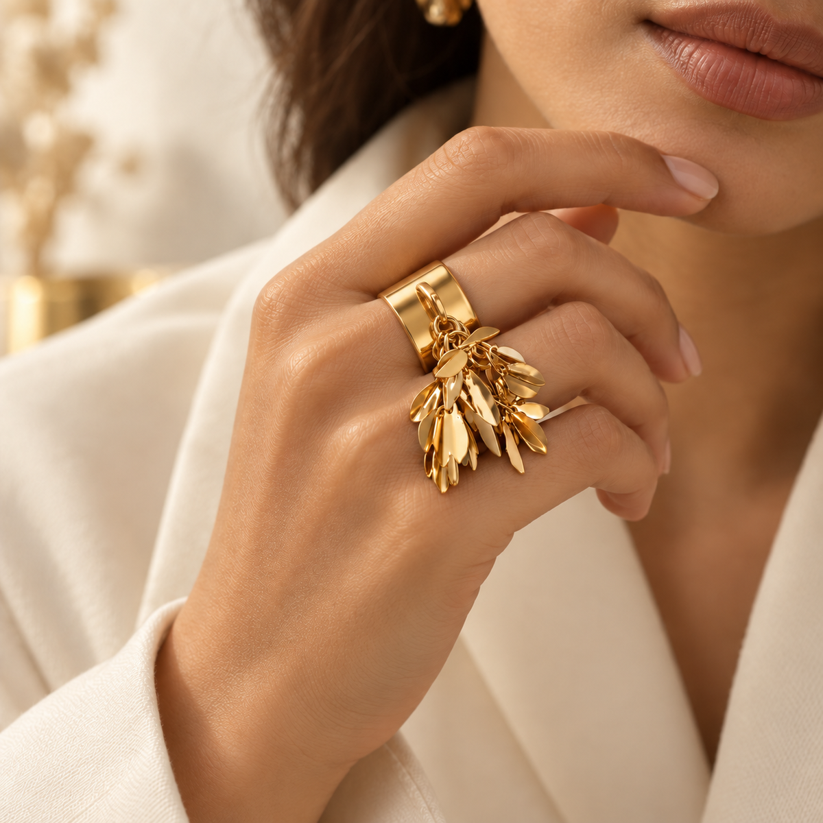 Golden Cuff Ring with Leaf Charms