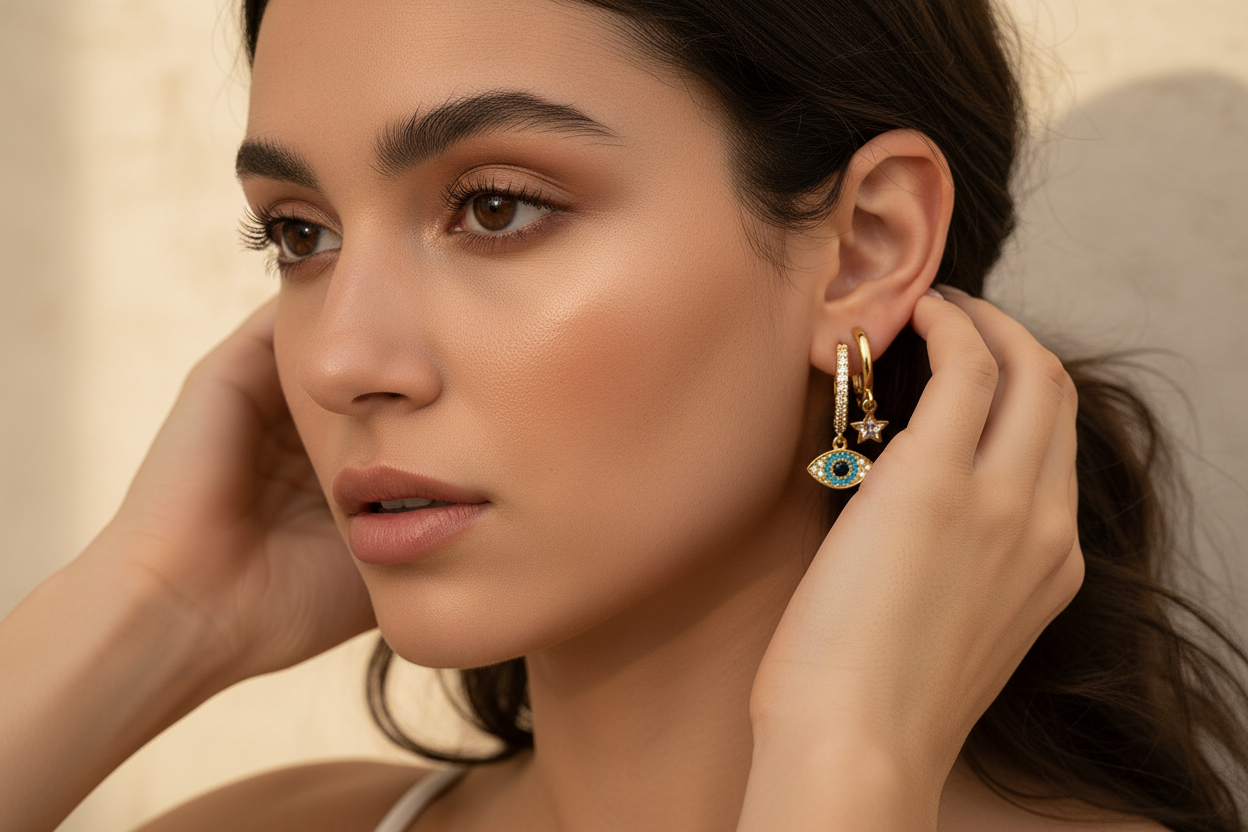 Evil Eye & Star Charm Hoop Earrings – Lifestyle Shot v2